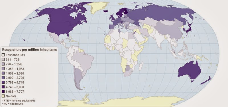 40 Maps That Will Help You Make Sense of the World - The Number of Researchers per Million Inhabitants