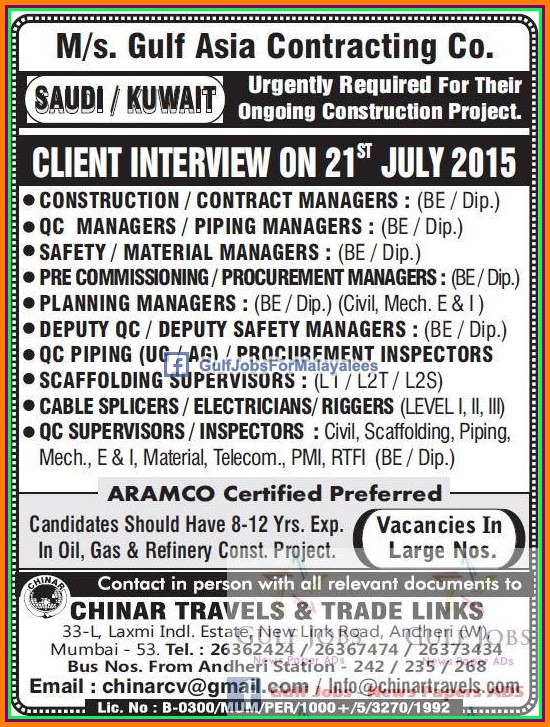 Gulf Asia Contracting Company jobs for Kuwait & KSA Gulf Jobs for