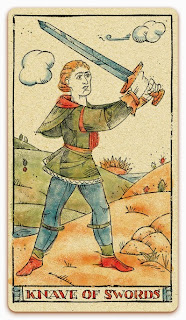 Knave of Swords card - Colored illustration - In the spirit of the Marseille tarot - minor arcana - design and illustration by Cesare Asaro - Curio & Co. (Curio and Co. OG - www.curioandco.com)
