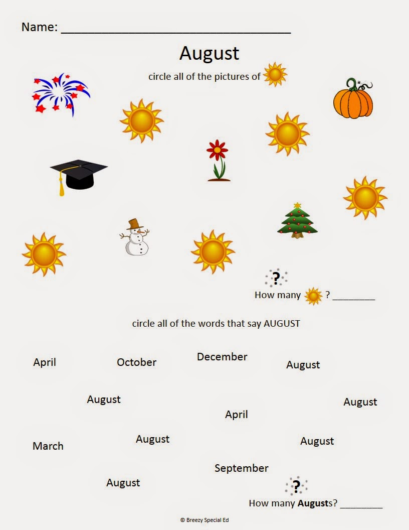 Worksheets Special Ed Worksheets monthly calendar worksheets august freebies breezy special ed for each month we will also work on identifying the symbol and hopefully word as well with this circling worksh