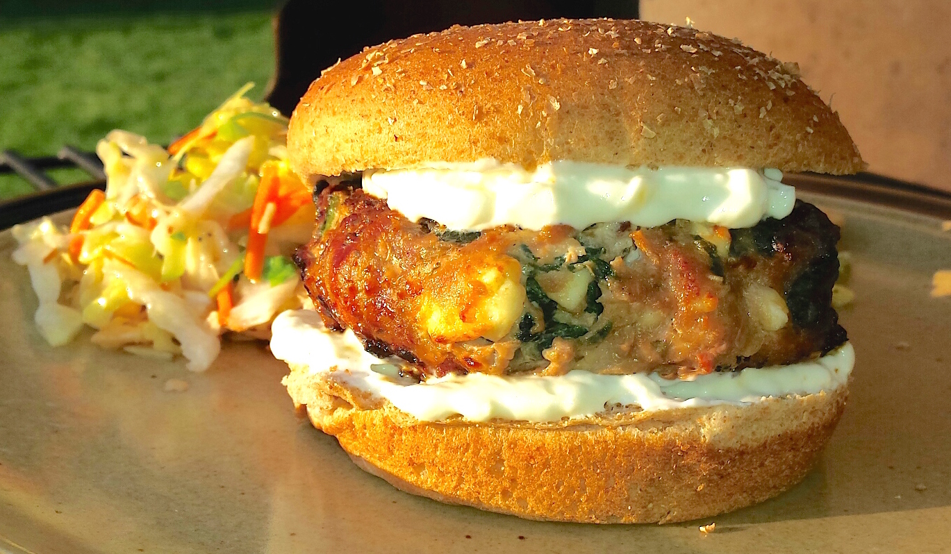 Hot Dinner Happy Home Turkey Feta Spinach Burgers with Pepperoncini Sauce