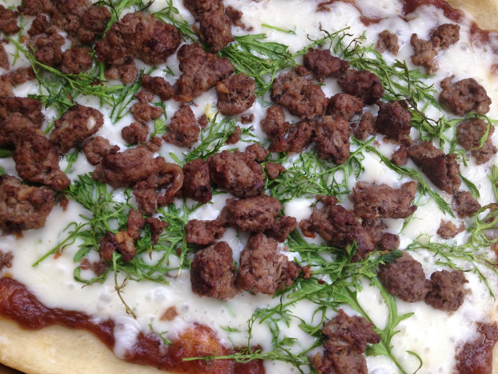 Barbecue and Bison Pizza with Mustard Greens