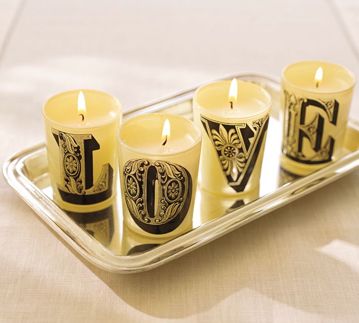 DIY Pottery Barn Inspired Love Votive Candles Setting for Four