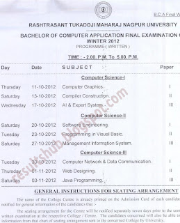 BCA Final Year Winter 2012 Timetable Nagpur University