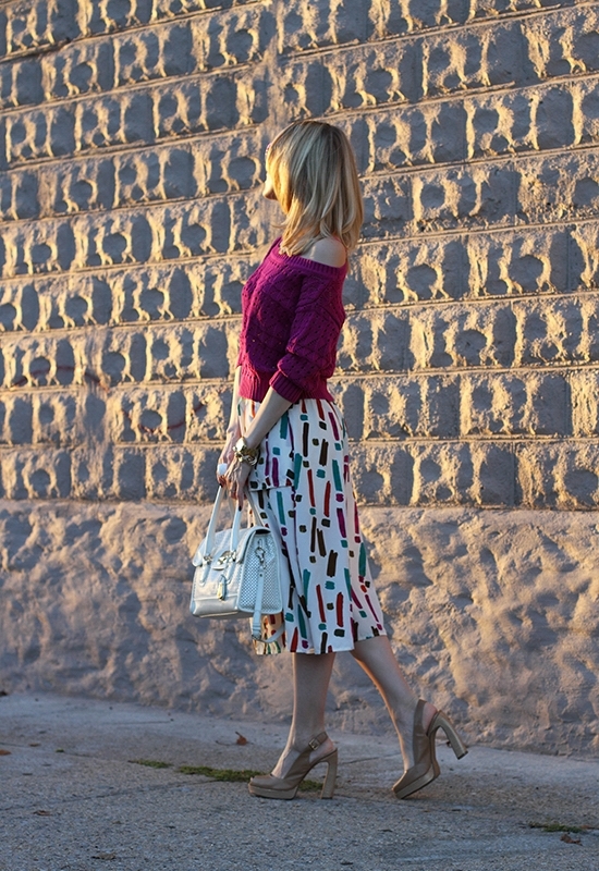 The Wind of Inspiration Blog - Fuchsia Knit Top And Abstract Print Skirt - Outfit of the Day Post (10.04.2012)