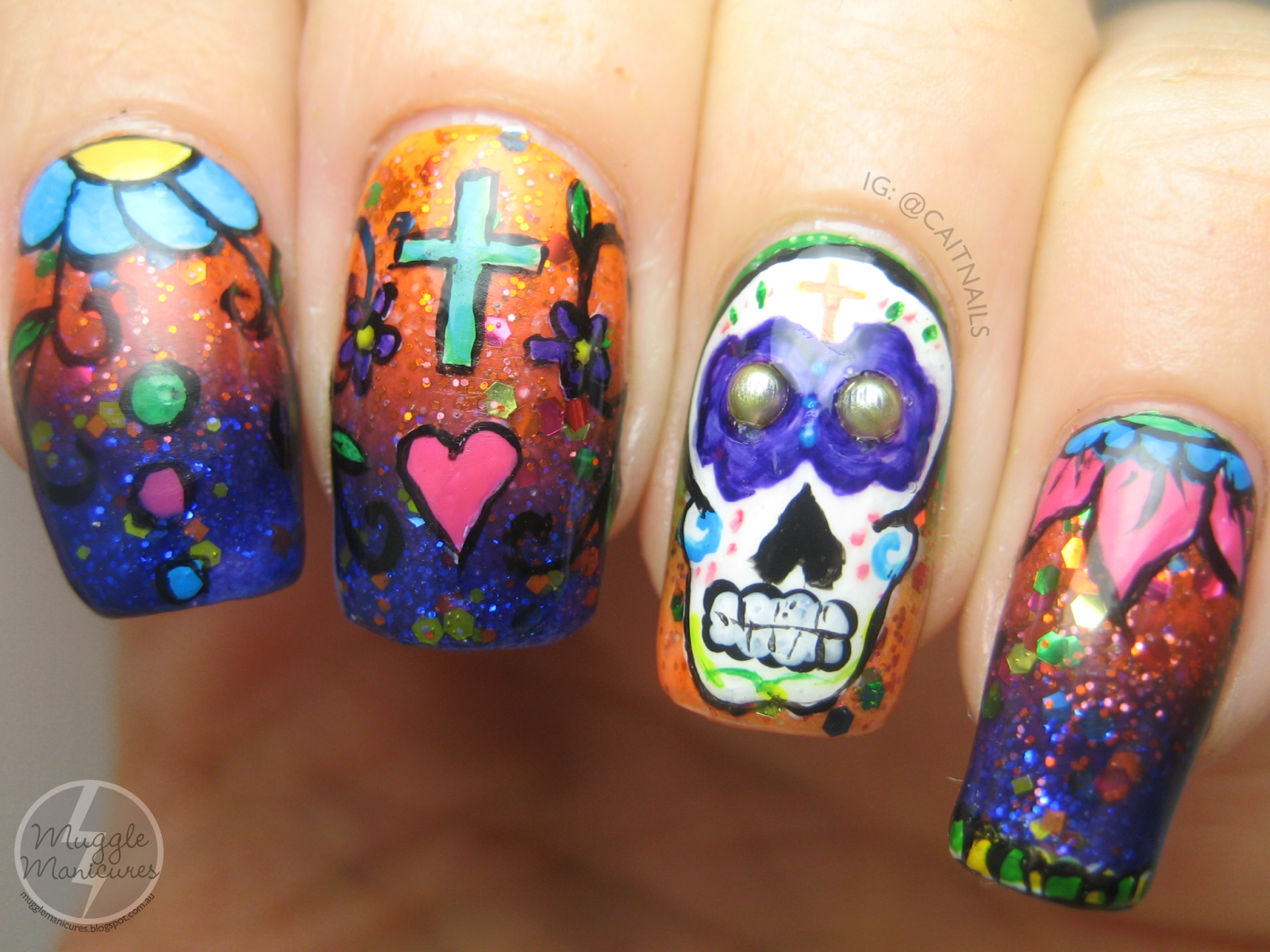 Muggle Manicures Shades of Phoenix 'Day of the Dead' Nail Art