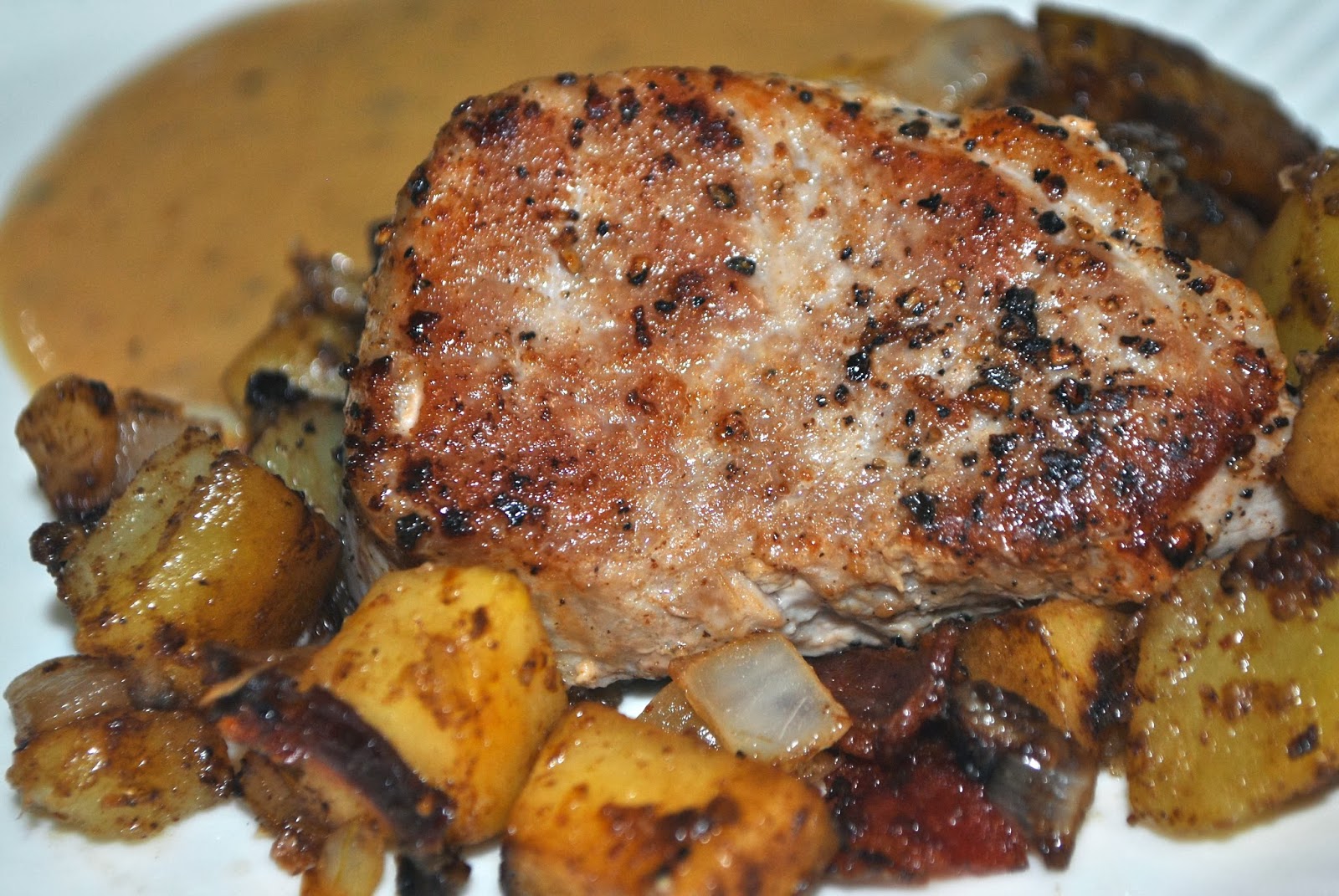 Recipe Doodle PAN SEARED PORK WITH MAPLE GRAVY AND APPLE BACON HASH