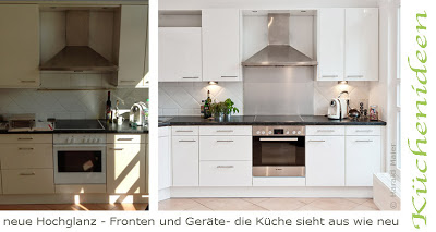 Küche renovieren - neue weisse Fronten und Küchenrückwand Edelstahl vorher - nachher
