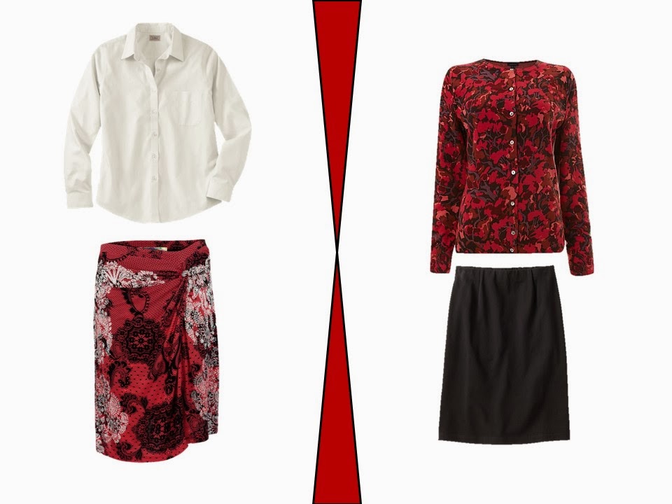 two outfits that incorporate ornamented red garments into a neutral wardrobe two outfits that incorporate ornamented red garments into a neutral wardrobe
