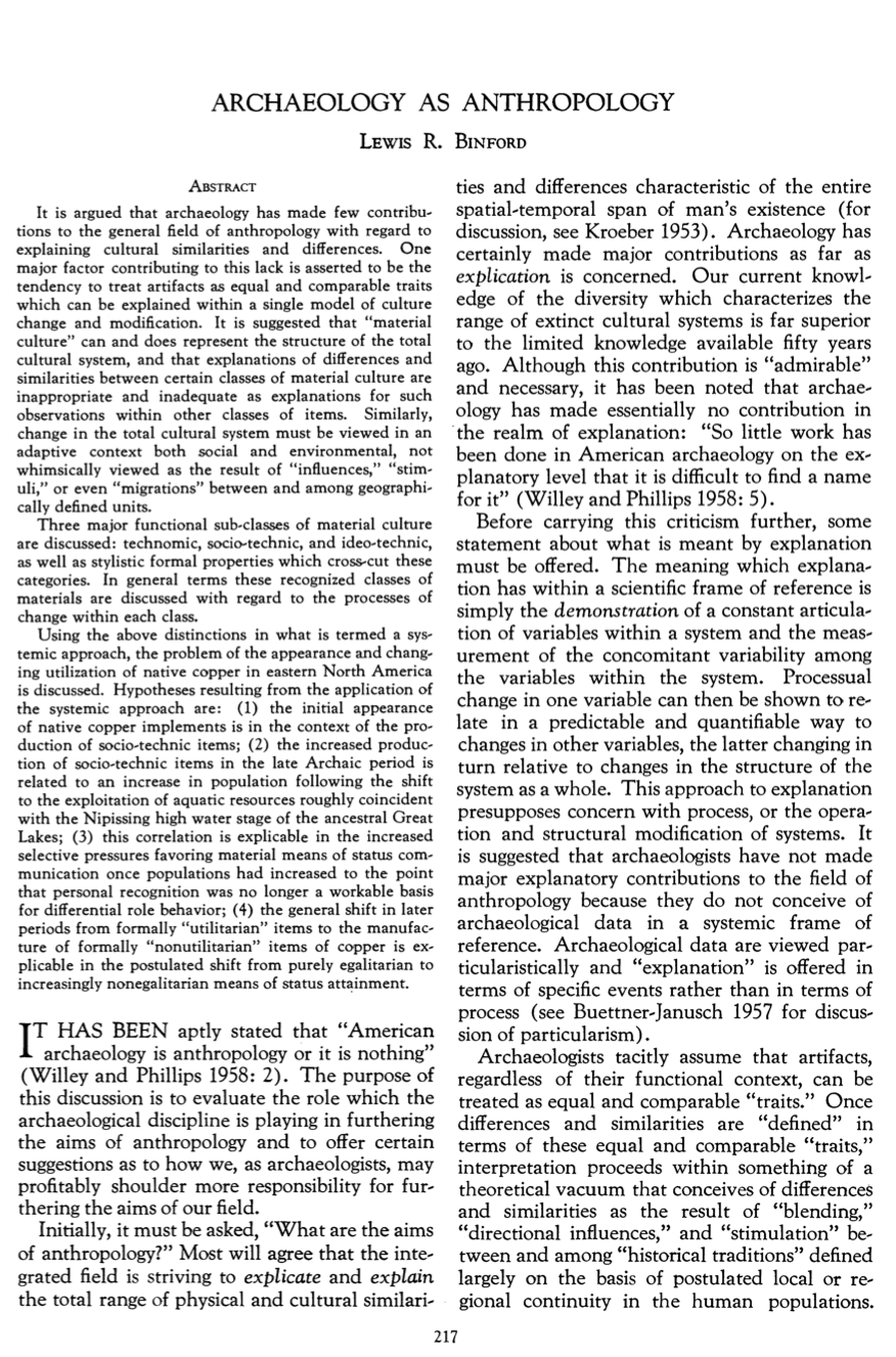 The Subversive Archaeologist Touchstone Thursday Lewis R. Binford's