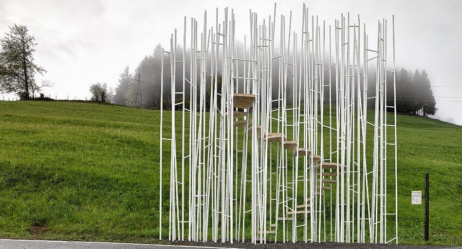Dietmar Steiner, a curator from the National Architecture Museum of Austria who was tasked with selecting the architects, initially balked at the idea after being approached by Krumbach residents: "I didn't believe it would work, it was such a crazy proposal, but what I think attracted these studios was a near complete freedom to create whatever they wanted," he said. Japanese architect Sou Fujimoto, who designed the airy construction above, wanted to create a vantage point from which people could admire the picturesque scenery around them: "By climbing up the heights people would wait -- for the bus, for a friend, for something to come, for your future, or overlooking a destination of their own," he says.
