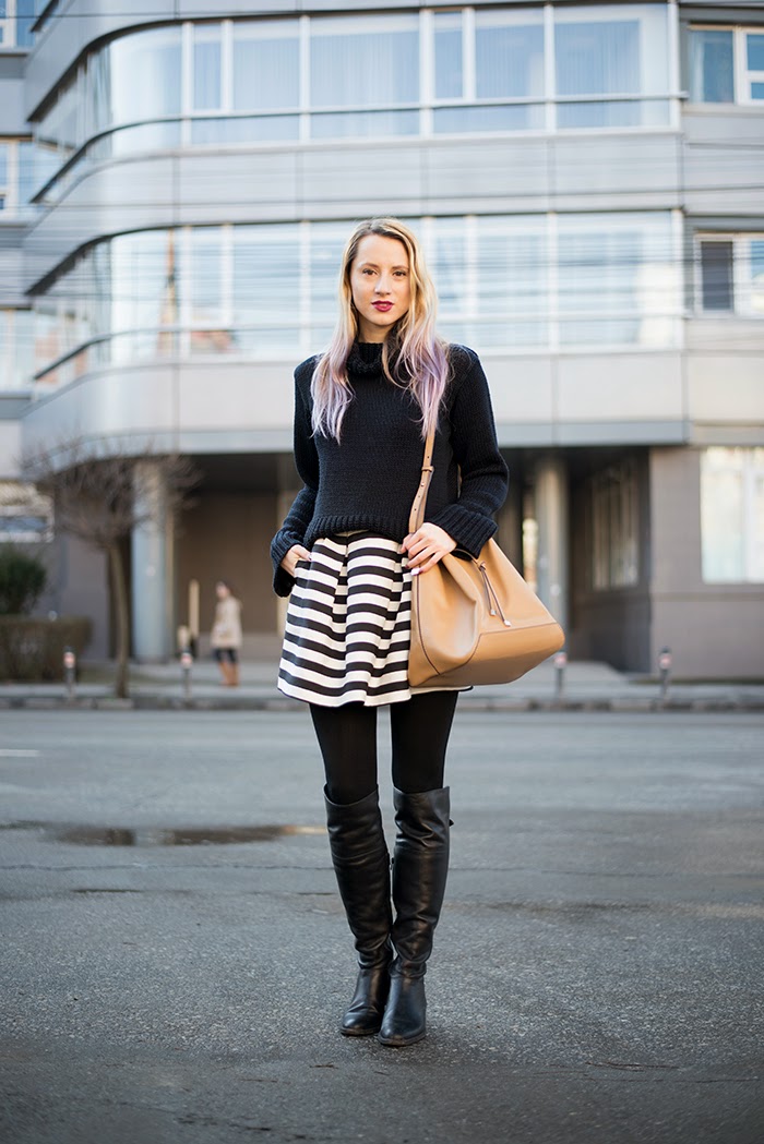 thrifted cowl neck sweater stripped skirt H&M over the knee boots mango bucket bag