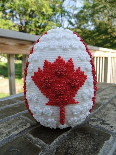 Beaded Easter Egg Canadian Flag Handmade by Daria Iwasko, USA