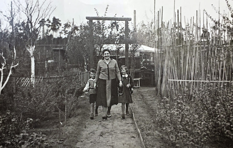 Oma Marie im Garten Trafowerk mit Marianne und Egbert um 1930
