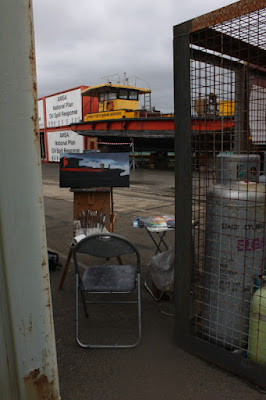 plein air oil painting of the 'Poolya' work boat at Glebe Island by artist Jane Bennett