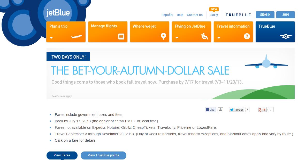 Josie's Smitty Deals Jetblue 2 Day Sale till 7/17. Flights starts at