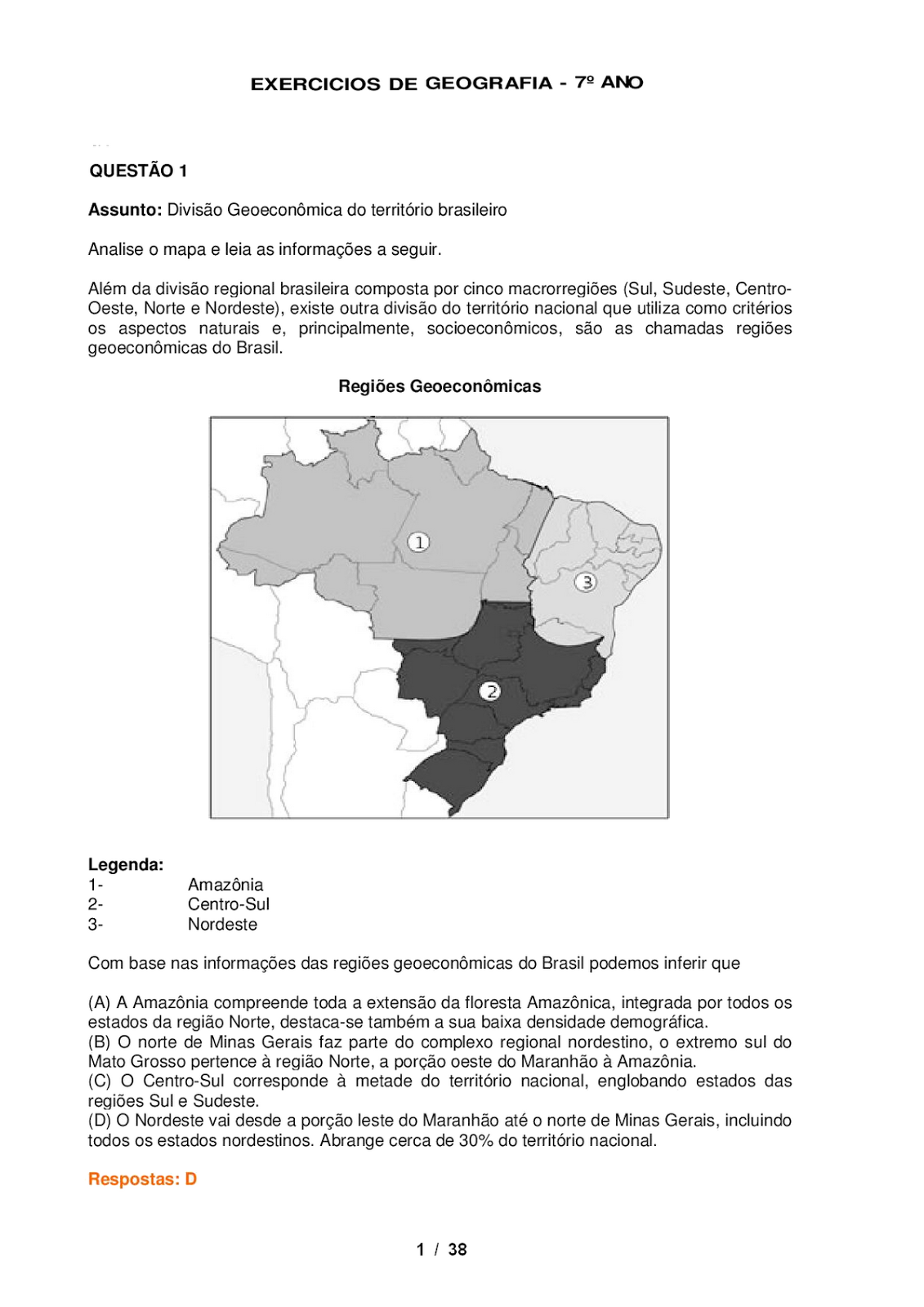 Atividade sobre o Território Brasileiro - 6º e 7º ano - Com gabarito