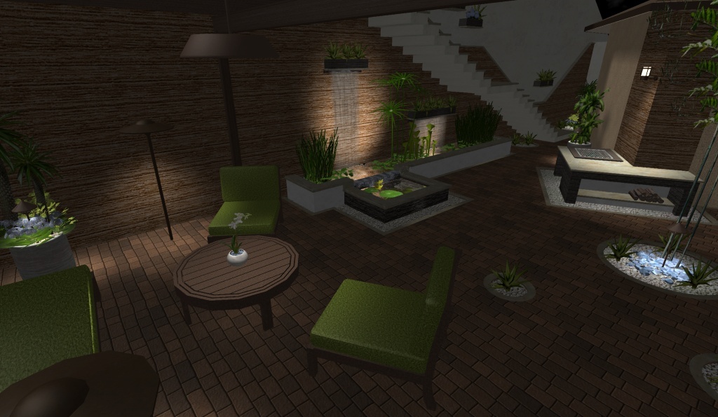 diseño de jardines para patio modelo con fuente de pared con estanque y 2 cascasas mas asasor foto 3-iluminacion de noche diseño de jardines para patio modelo con fuente de pared con estanque y 2 cascasas mas asasor foto 3-iluminacion de noche