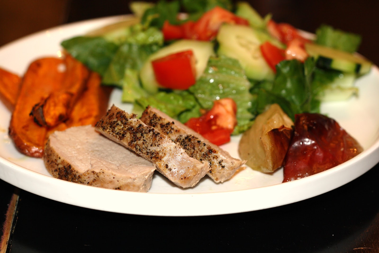 what's for dinner? roasted pork tenderloin, sweet potatoes, and apples