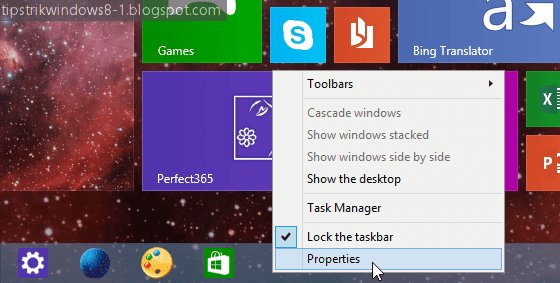 cara menghilangkan taskbar pada start screen windows 8.1
