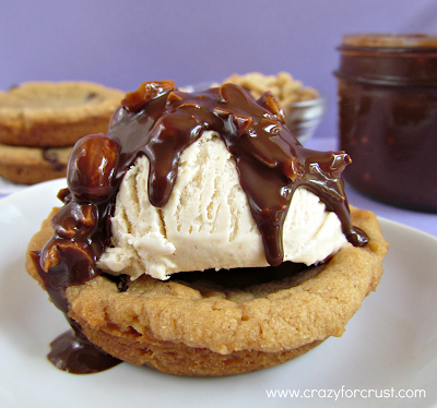Deep dish peanut butter ice cream cookie sundaes with hot fudge