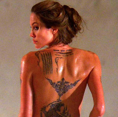 female back tattoo. Angelina Jolie Tattoo Pictures