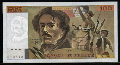 French paper money currency 100 Francs euro bank note