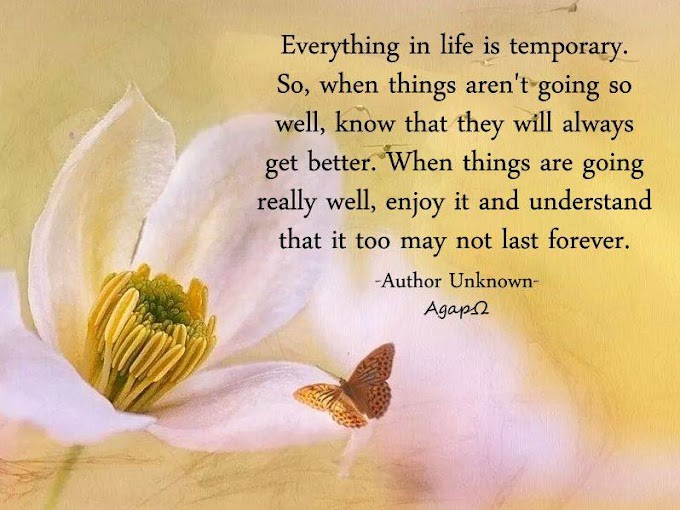 Everything in life is temporary. So, when things aren't going so well, know that they will always get better. When things are going really well, enjoy it and understand that it too may not last forever.