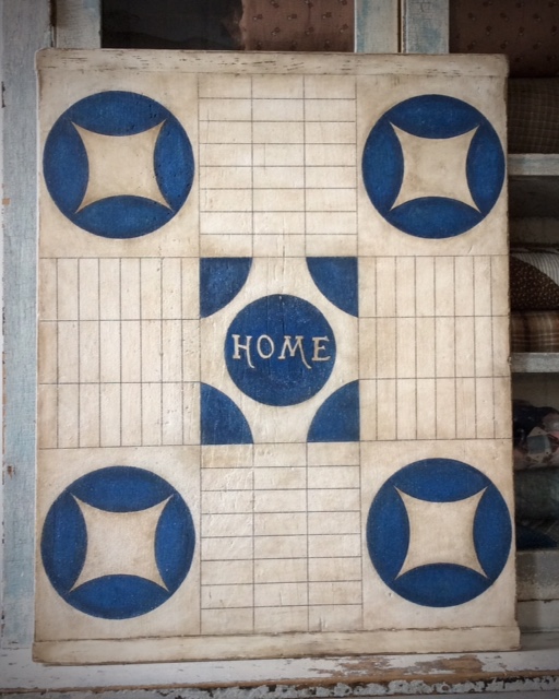 Blue and White Parcheesi Game Board painted on Polly Minick's antique Bread Board