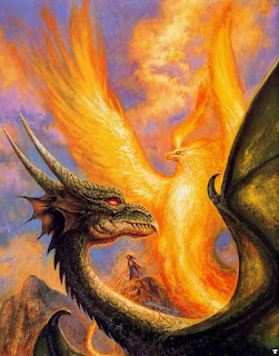 الطيور الاسطورية  Bob+Eggleton+-+Unknown+-+A+black+dragon+and+a+phoenix