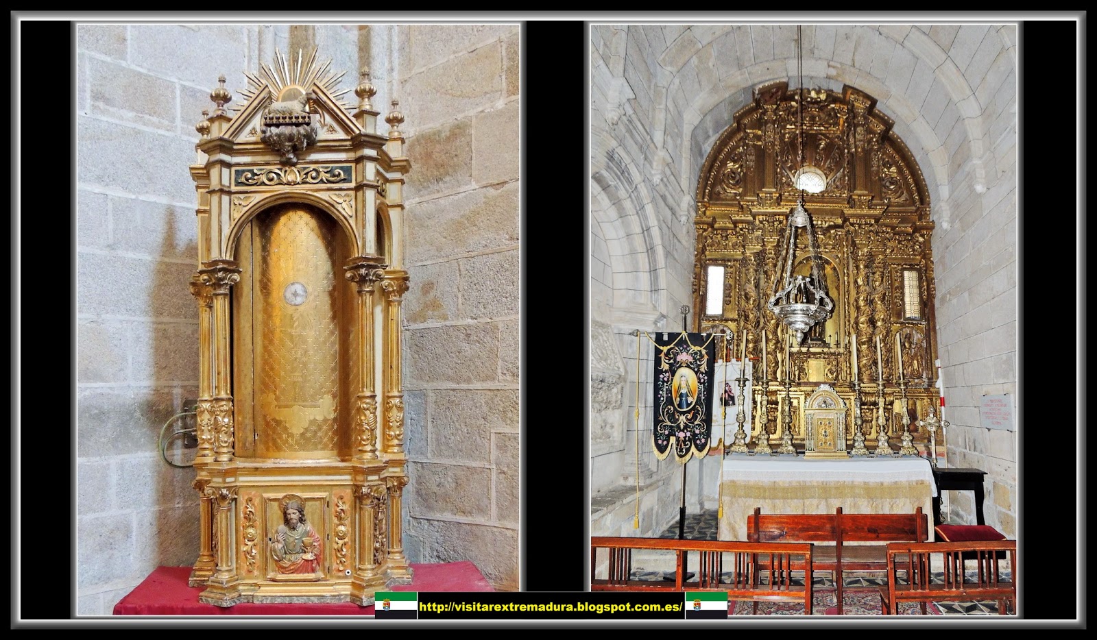 Coria. Catedral. Expositor de madera dorada y Capilla de San Pedro de Alcantara.