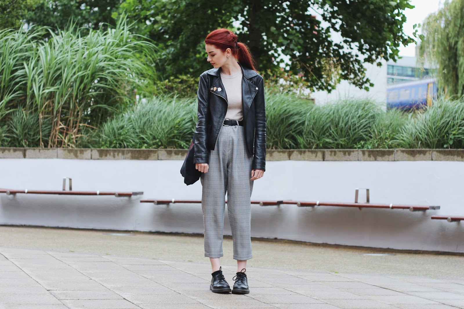 grey plaid trousers