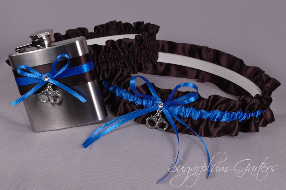 Sugarplum Garters New in the Shop Thin Blue Line Wedding Flask Garter Set