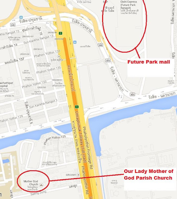 Map showing the location of Rangsit Catholic Church