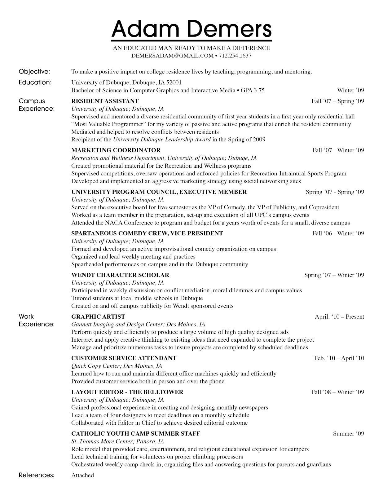 adam demers resume residence life resume