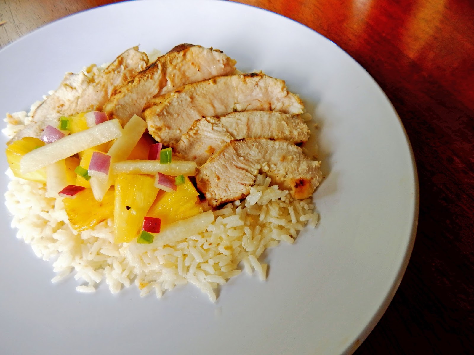 The Nerdy Chef Caribbean Chicken with Coconut Lime Rice and Pineapple Rum Salsa