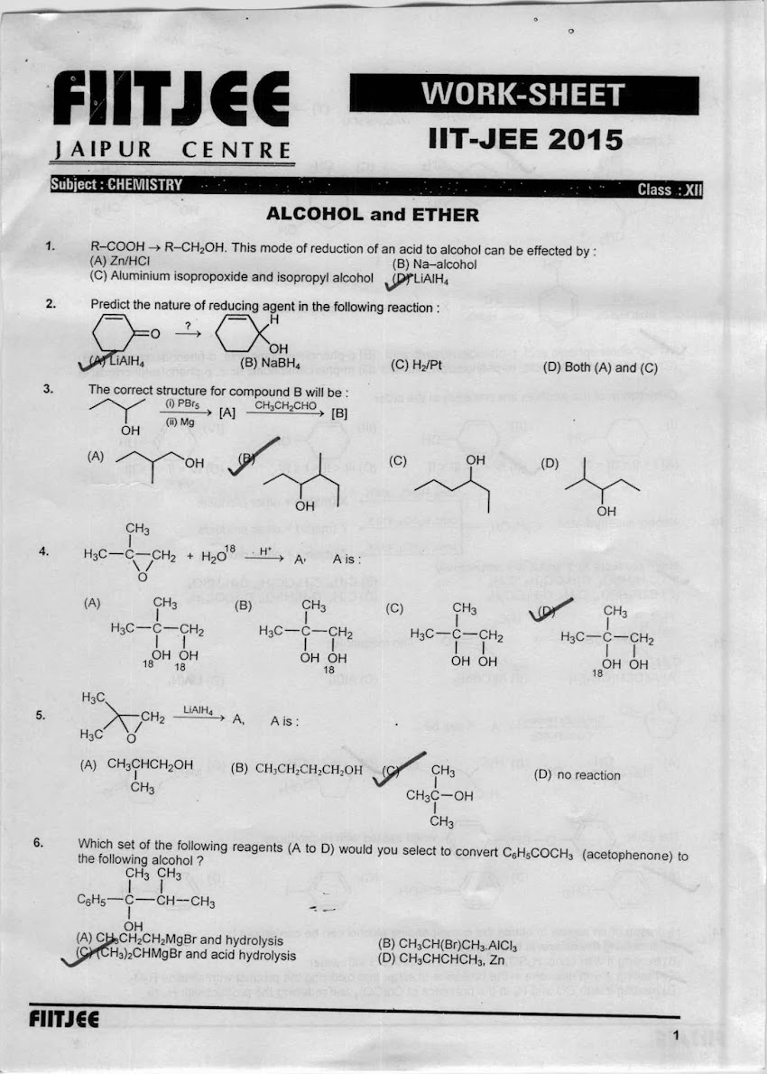 alcohol  pheol ether FIITJEE sheet