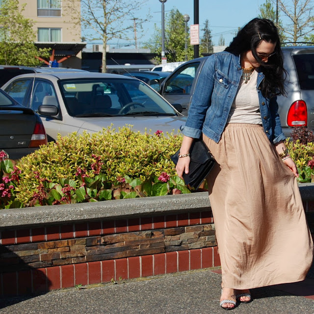 Zara maxi skirt, J.Crew denim jacket, linen tank top, aviator sunglasses and Loeffler Randall Rider bag