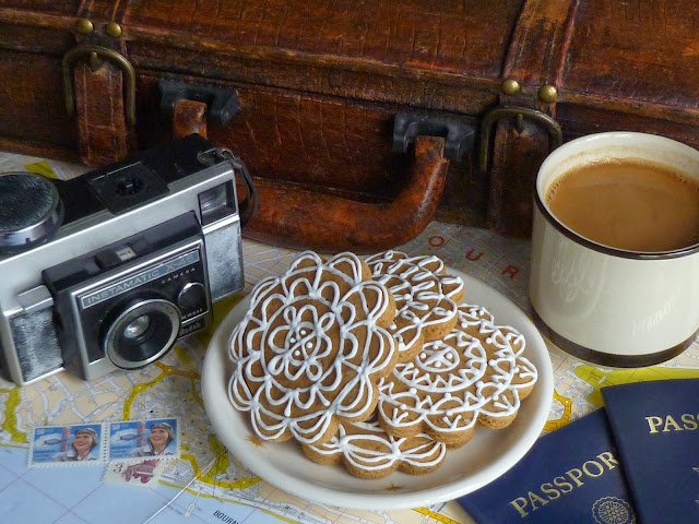 travel, camera, coffee, map, decorated spicy gingerbread cookies