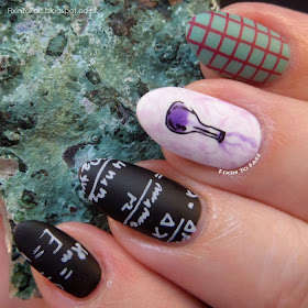 Science and Technology inspired nailart featuring blackboard (chalkboard) nail art with equations, graphing paper, and a chemistry beaker overflowing with purple liquid and smoke.