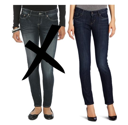 Instead of lowrise, faded jeans with dated whiskers, find a pair (45) with a slightly higher