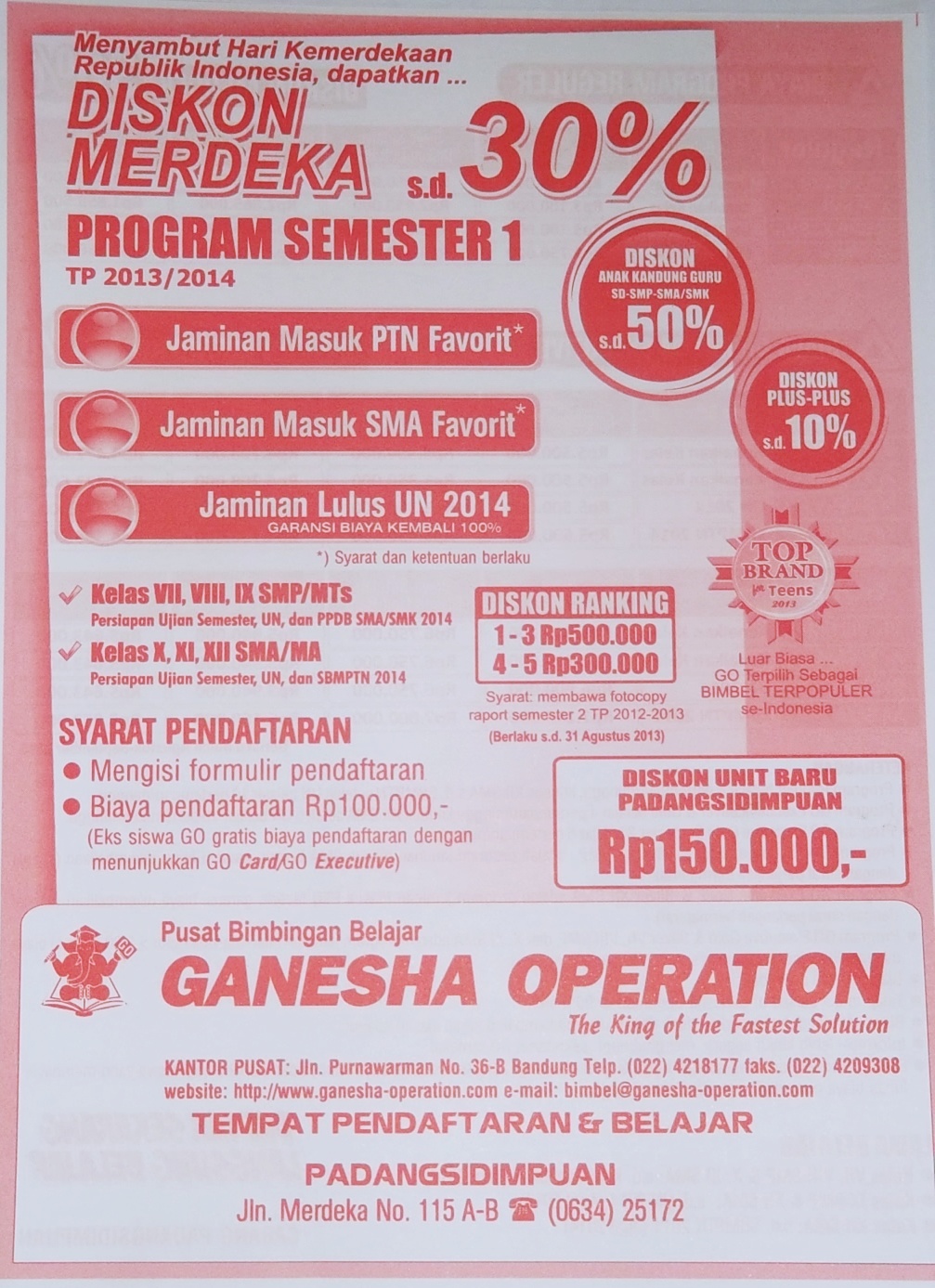 GANESHA OPERATION BROSUR BIAYA BIMBEL DI GO PADANG DISIMPUAN