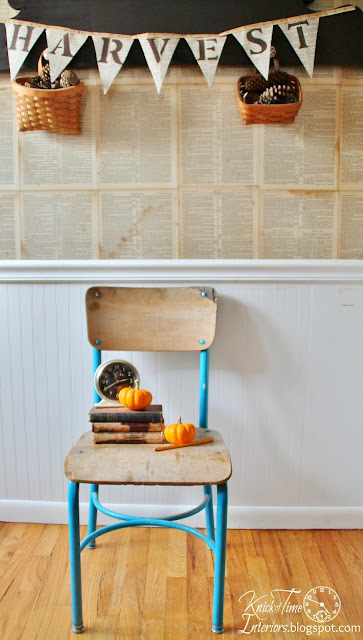 Mid-Century Antique Aqua Wooden School Chair Antique Clock Autumn Display via Knick of Time Mid-Century Antique Aqua Wooden School Chair Antique Clock Autumn Display via Knick of Time