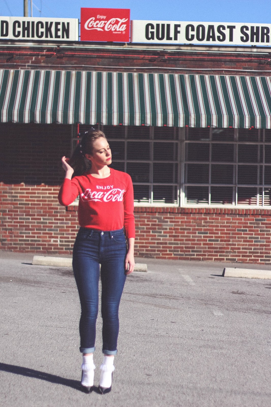 50's style, retro, coca cola, vintage outfit, gap high waist jeans, socks and heel, bandana, 50's style hair, drive in, fashion blogger
