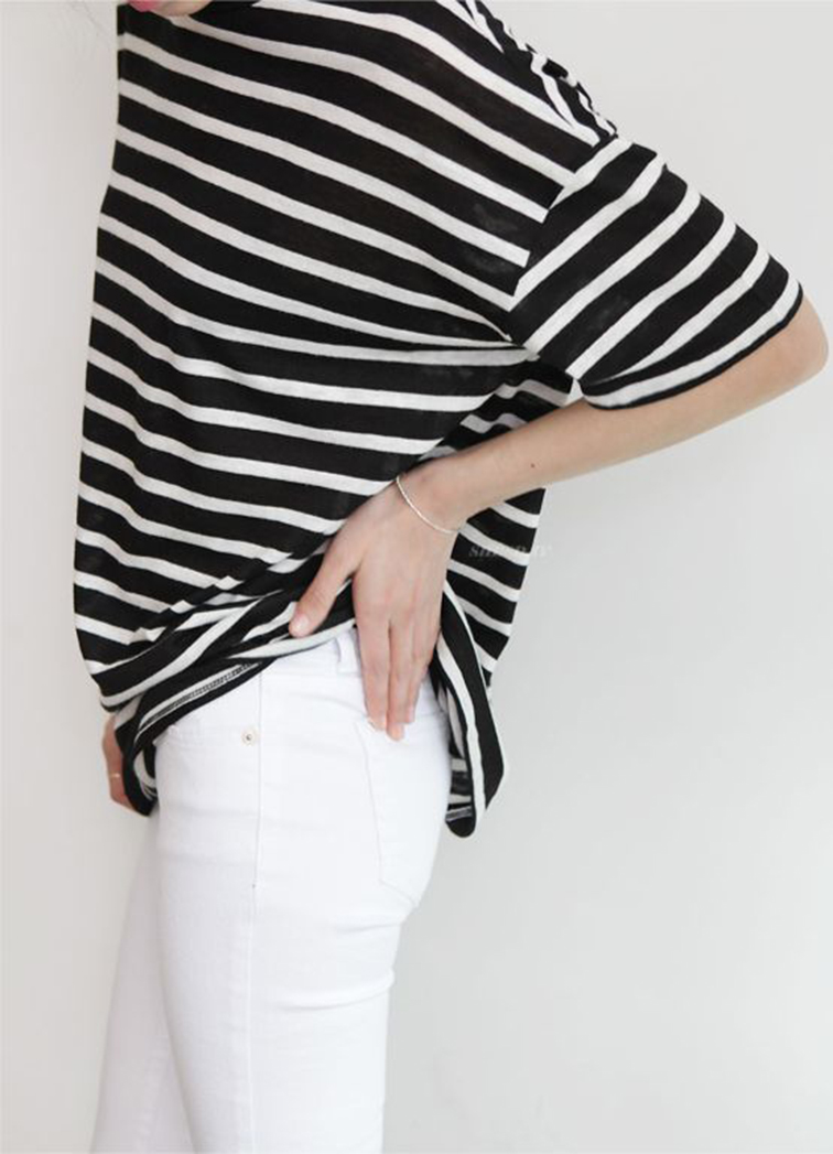 Oversized stripes, white denim, relaxed style Oversized stripes, white denim, relaxed style