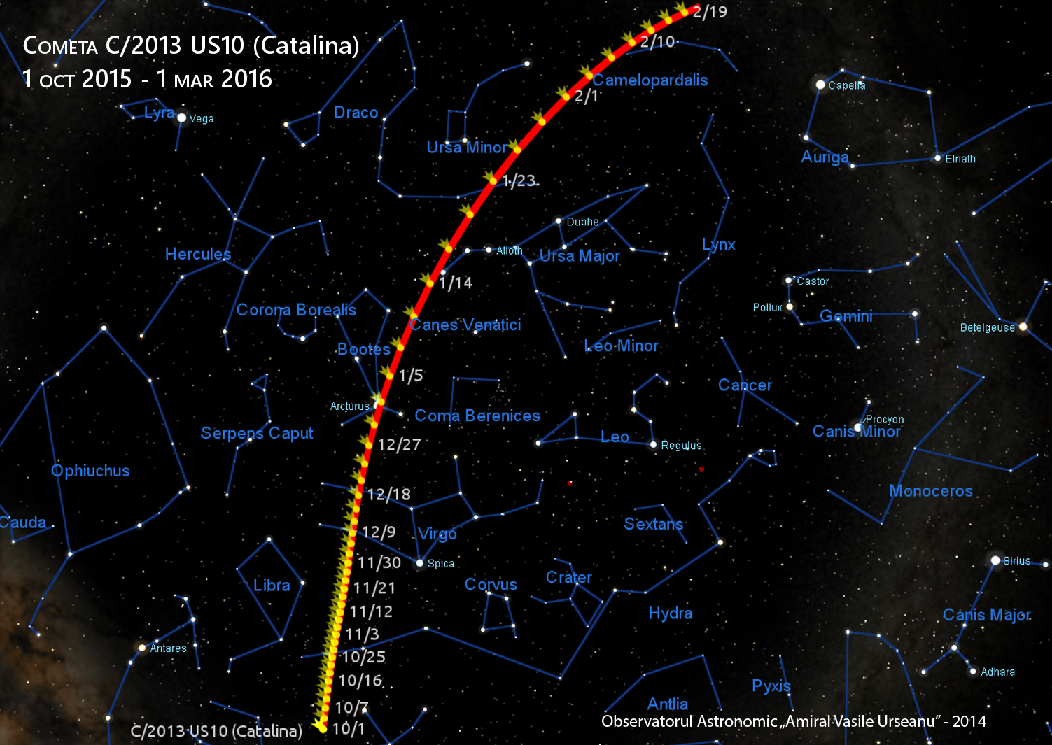 Mapa de ubicación del cometa Catalina entre el 1 de octubre de 2015 y el 1 de marzo de 2016