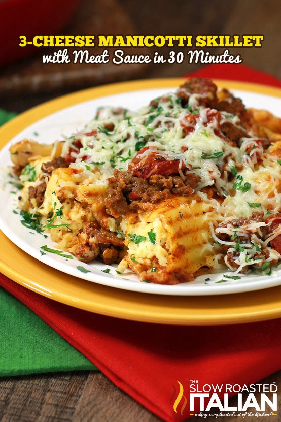 One Skillet 3 Cheese Manicotti with Meat Sauce in Just 30 Minutes