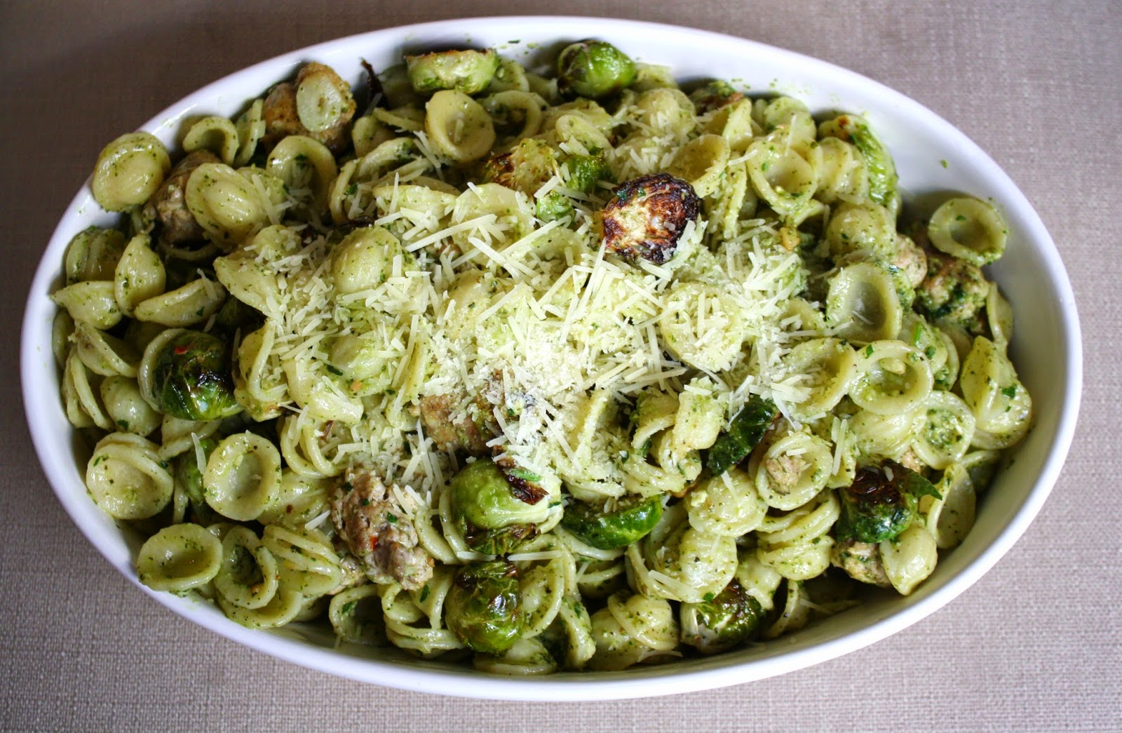 what's for dinner? pesto pasta with chicken sausage and roasted