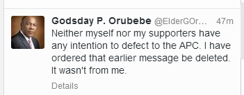 Elder Orubebe tweet