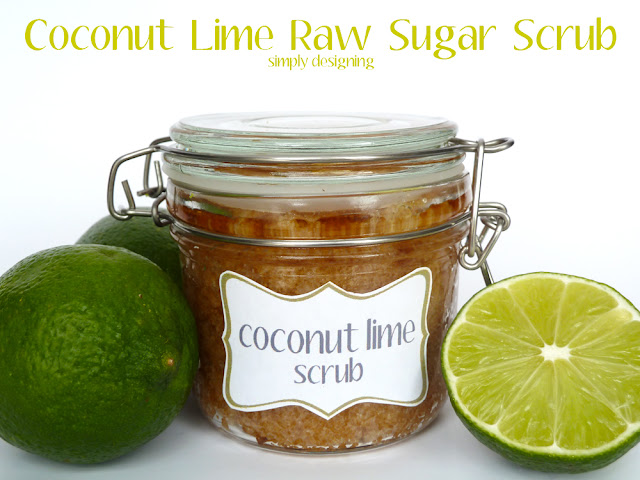 closed jar filled with coconut lime raw sugar scrub surrounded by fresh limes on a white background